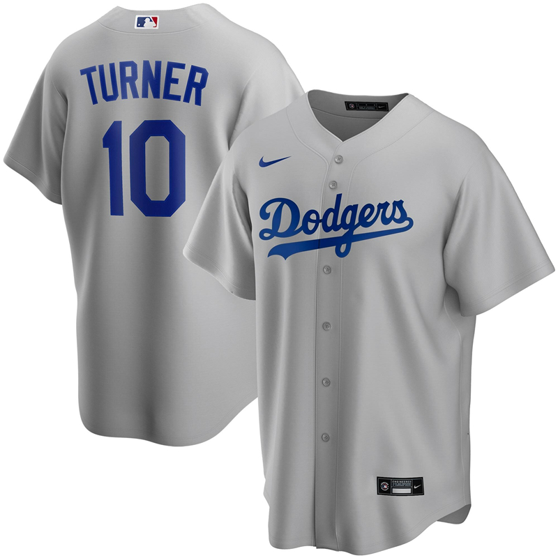 2020 MLB Men Los Angeles Dodgers Justin Turner Nike Gray Alternate 2020 Replica Player Jersey 1